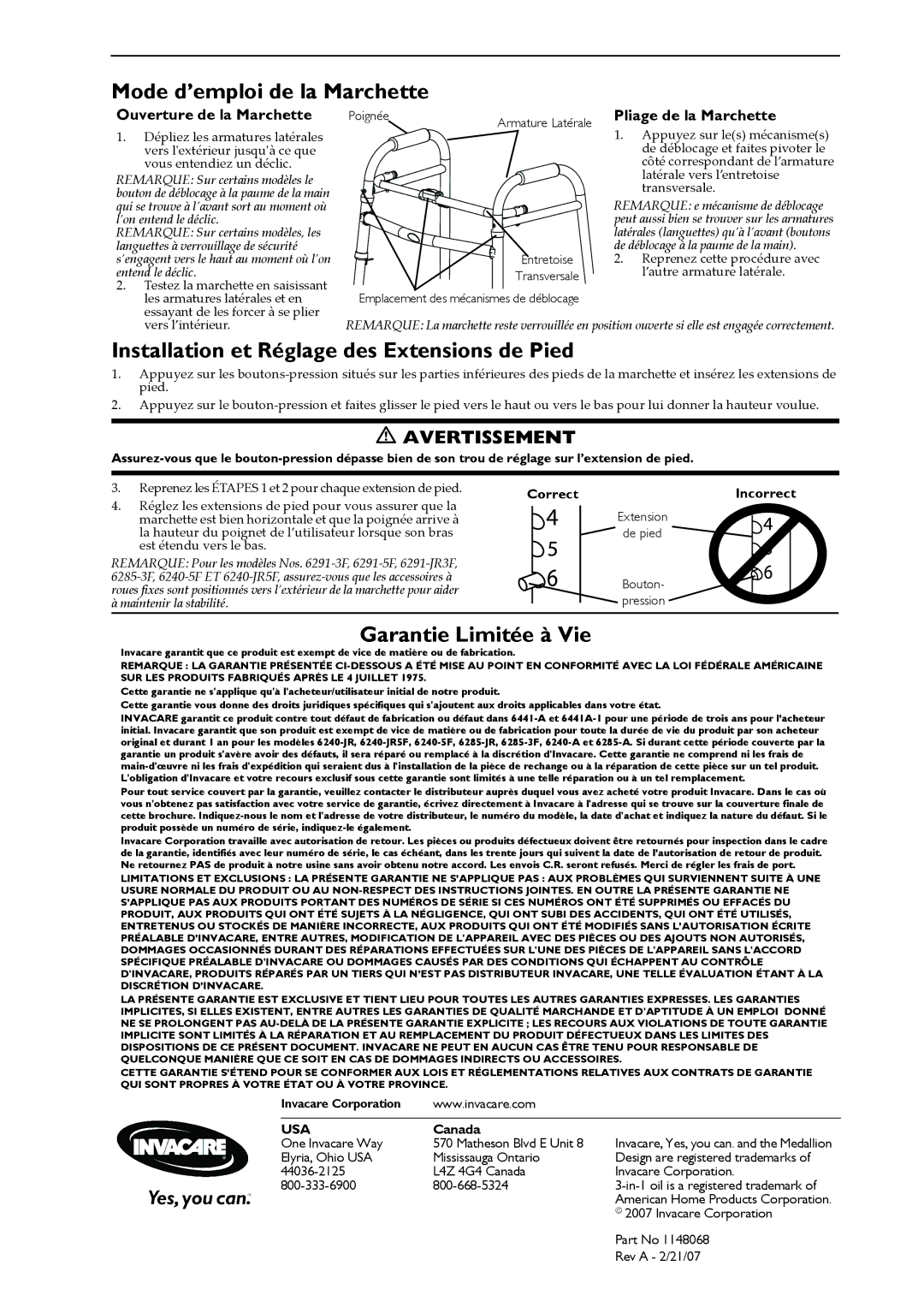 Invacare 62913F Mode d’emploi de la Marchette, Installation et Réglage des Extensions de Pied, Garantie Limitée à Vie 