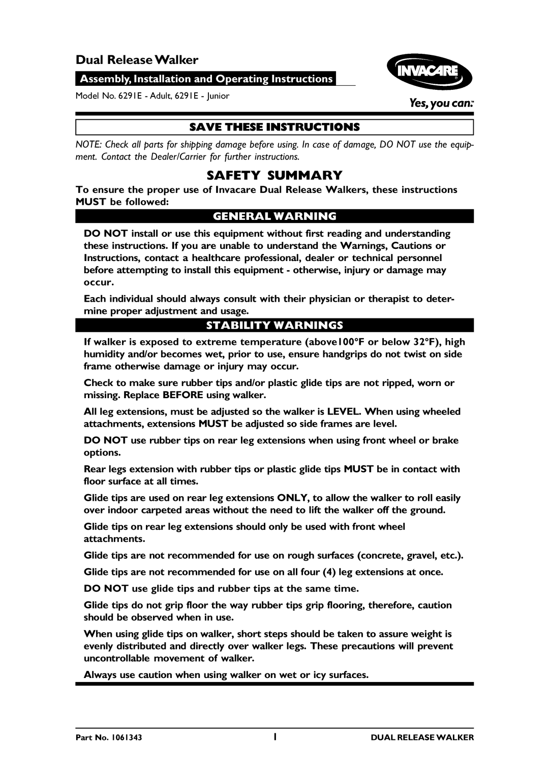 Invacare 6291E Adult, 6291E Junior operating instructions Safety Summary, General Warning, Stability Warnings 