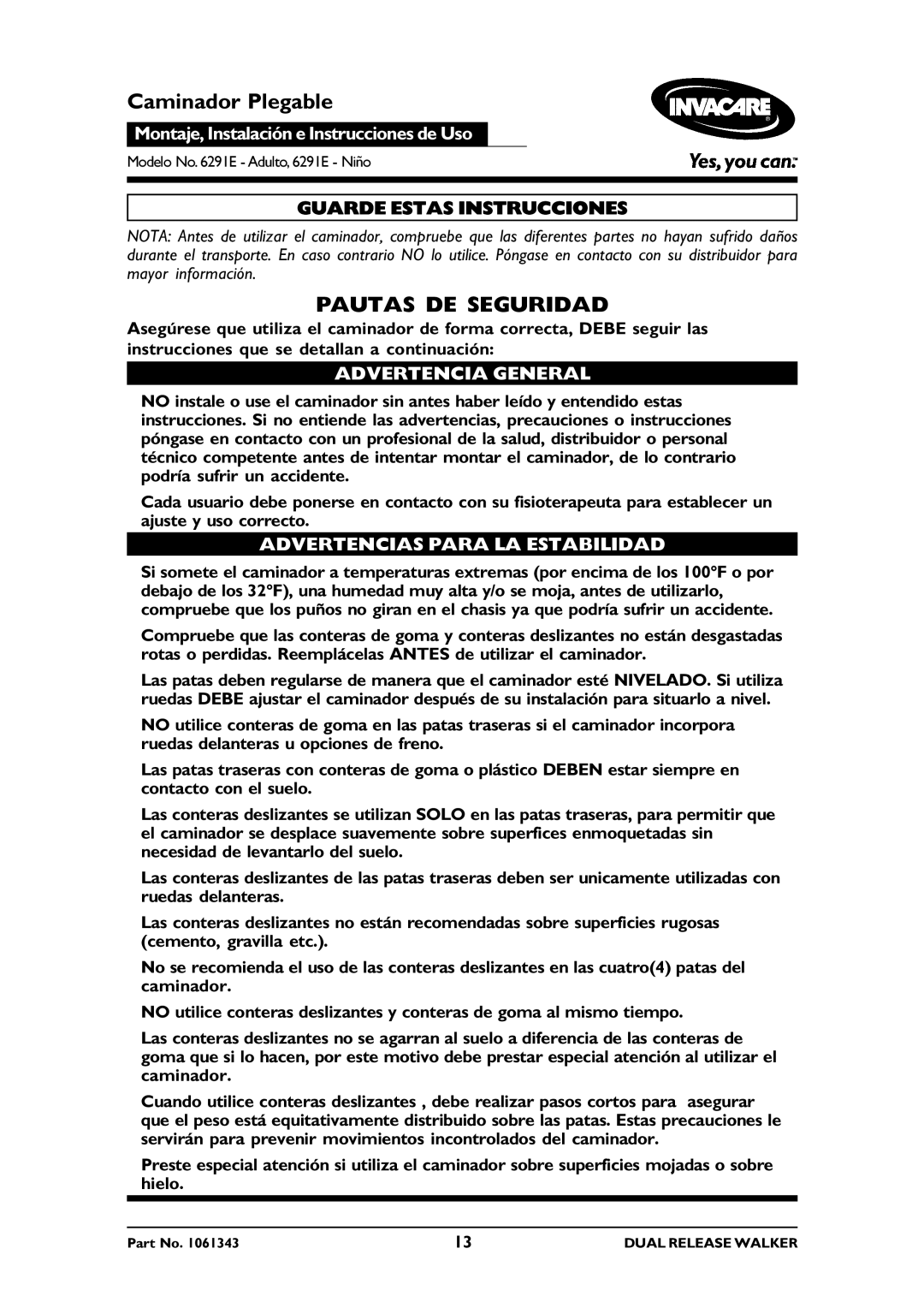 Invacare 6291E Adult, 6291E Junior Pautas DE Seguridad, Advertencia General, Advertencias Para LA Estabilidad 