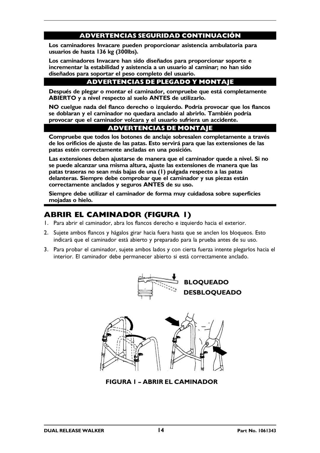 Invacare 6291E Junior Abrir EL Caminador Figura, Advertencias Seguridad Continuación, Advertencias DE Plegado Y Montaje 