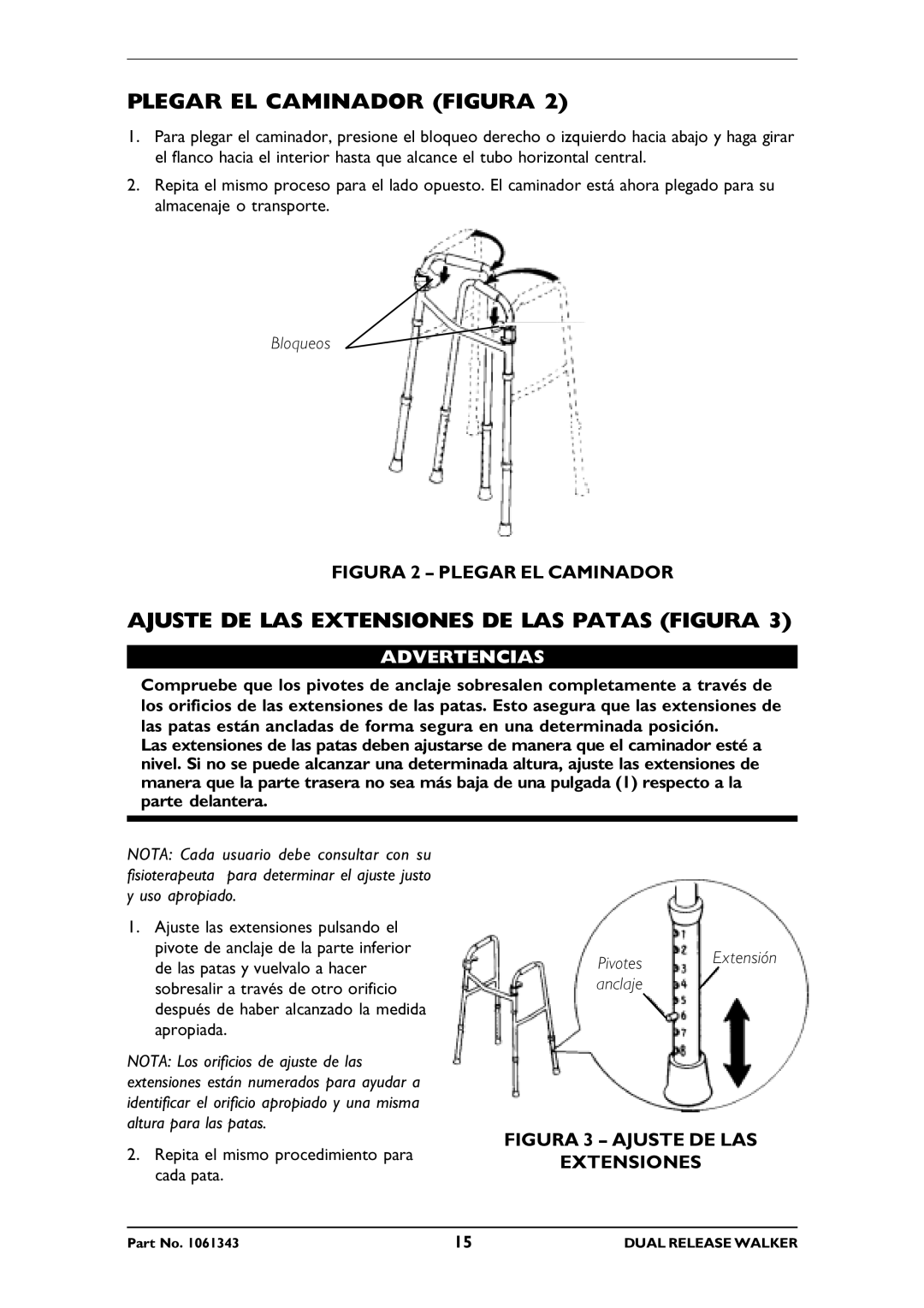 Invacare 6291E Adult, 6291E Junior Plegar EL Caminador Figura, Ajuste DE LAS Extensiones DE LAS Patas Figura, Advertencias 