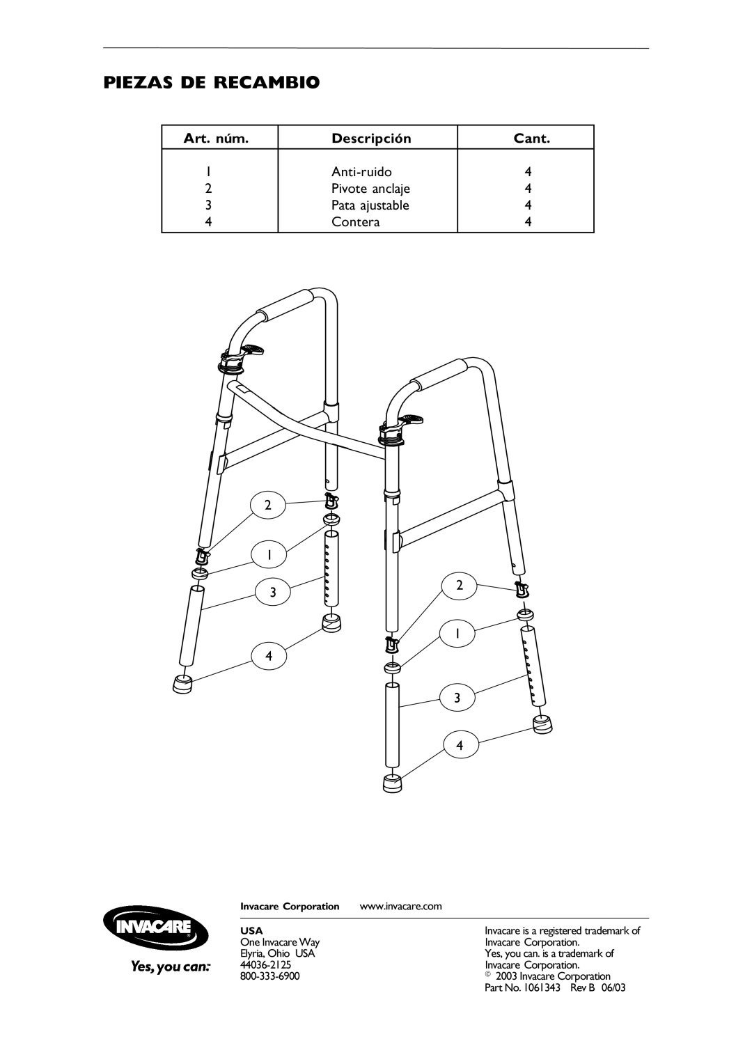 Invacare 6291E Junior, 6291E Adult operating instructions Piezas DE Recambio, Art. núm Descripción Cant 