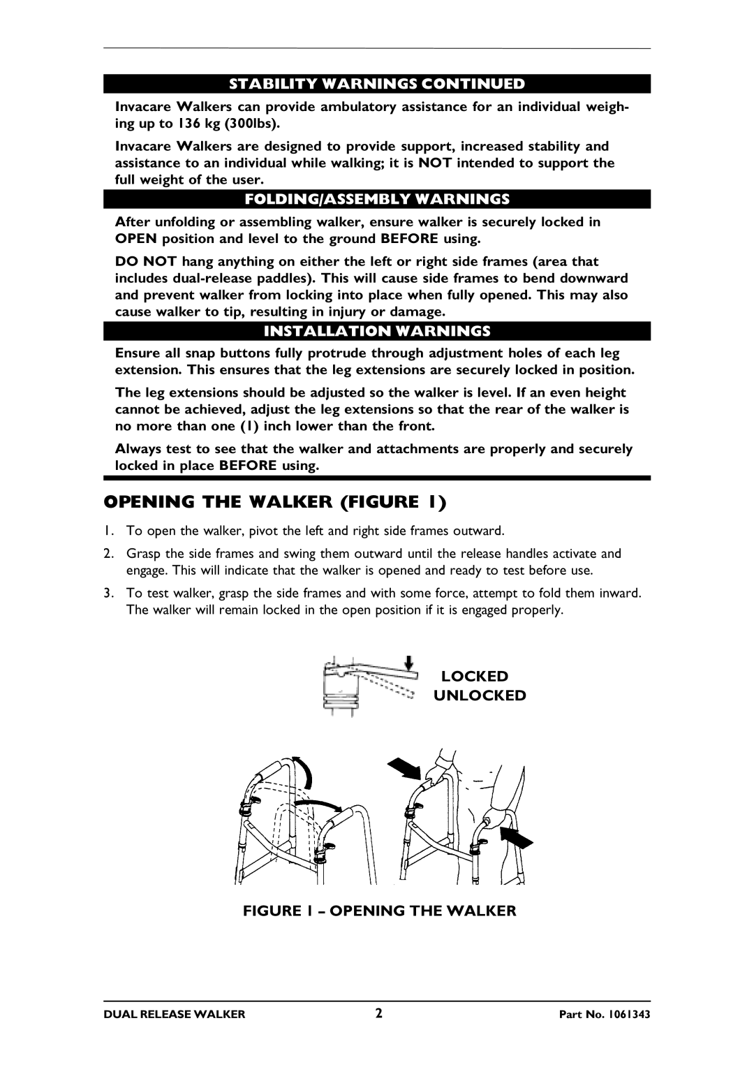 Invacare 6291E Junior, 6291E Adult Opening the Walker Figure, FOLDING/ASSEMBLY Warnings, Installation Warnings 