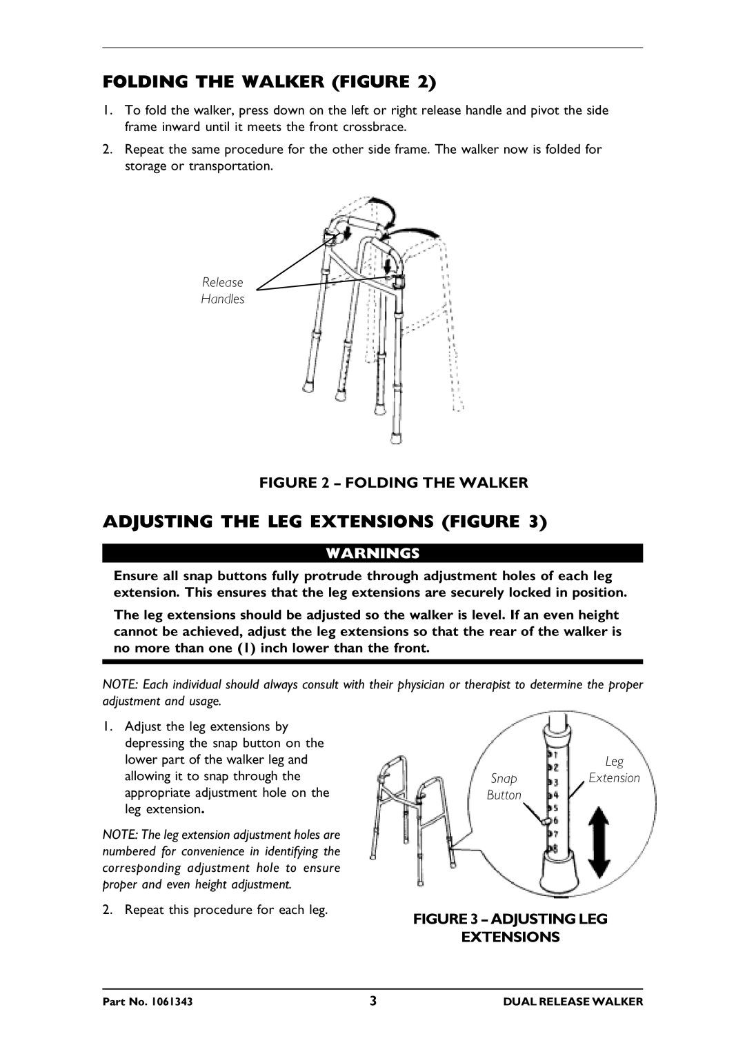 Invacare 6291E Adult, 6291E Junior operating instructions Folding the Walker Figure, Adjusting the LEG Extensions Figure 