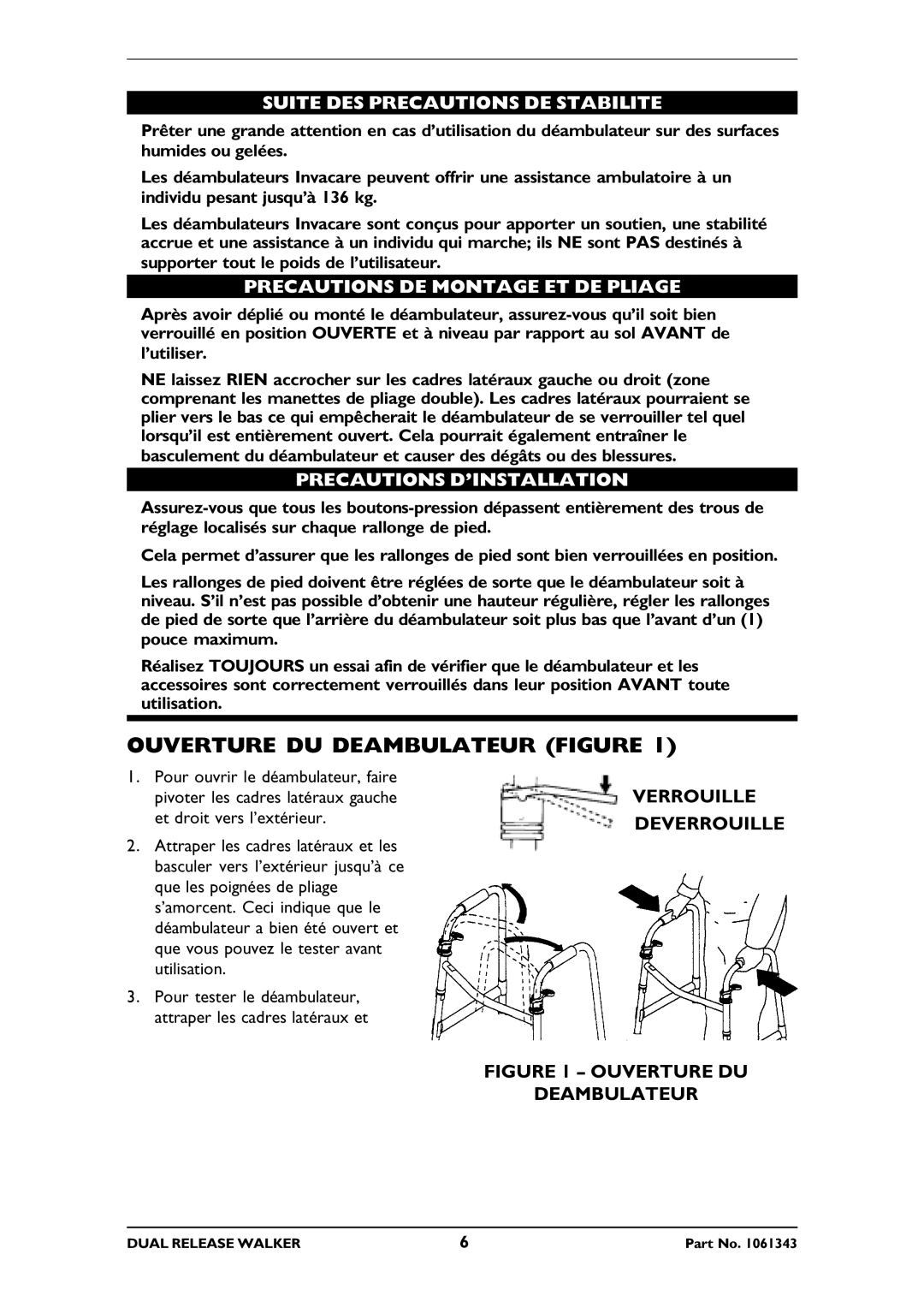 Invacare 6291E Junior Ouverture DU Deambulateur Figure, Suite DES Precautions DE Stabilite, Precautions D’INSTALLATION 