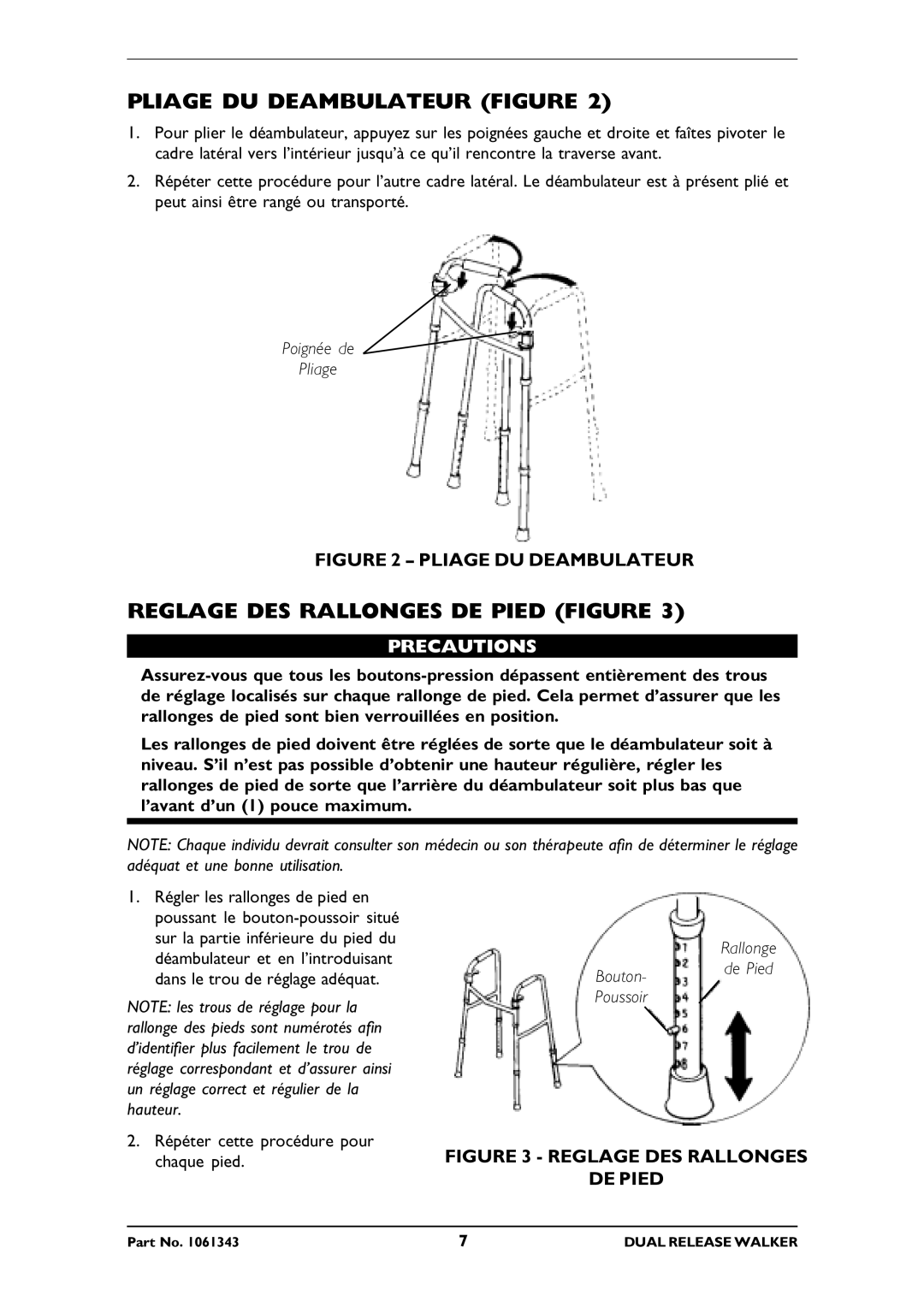 Invacare 6291E Adult, 6291E Junior Pliage DU Deambulateur Figure, Reglage DES Rallonges DE Pied Figure, Precautions 