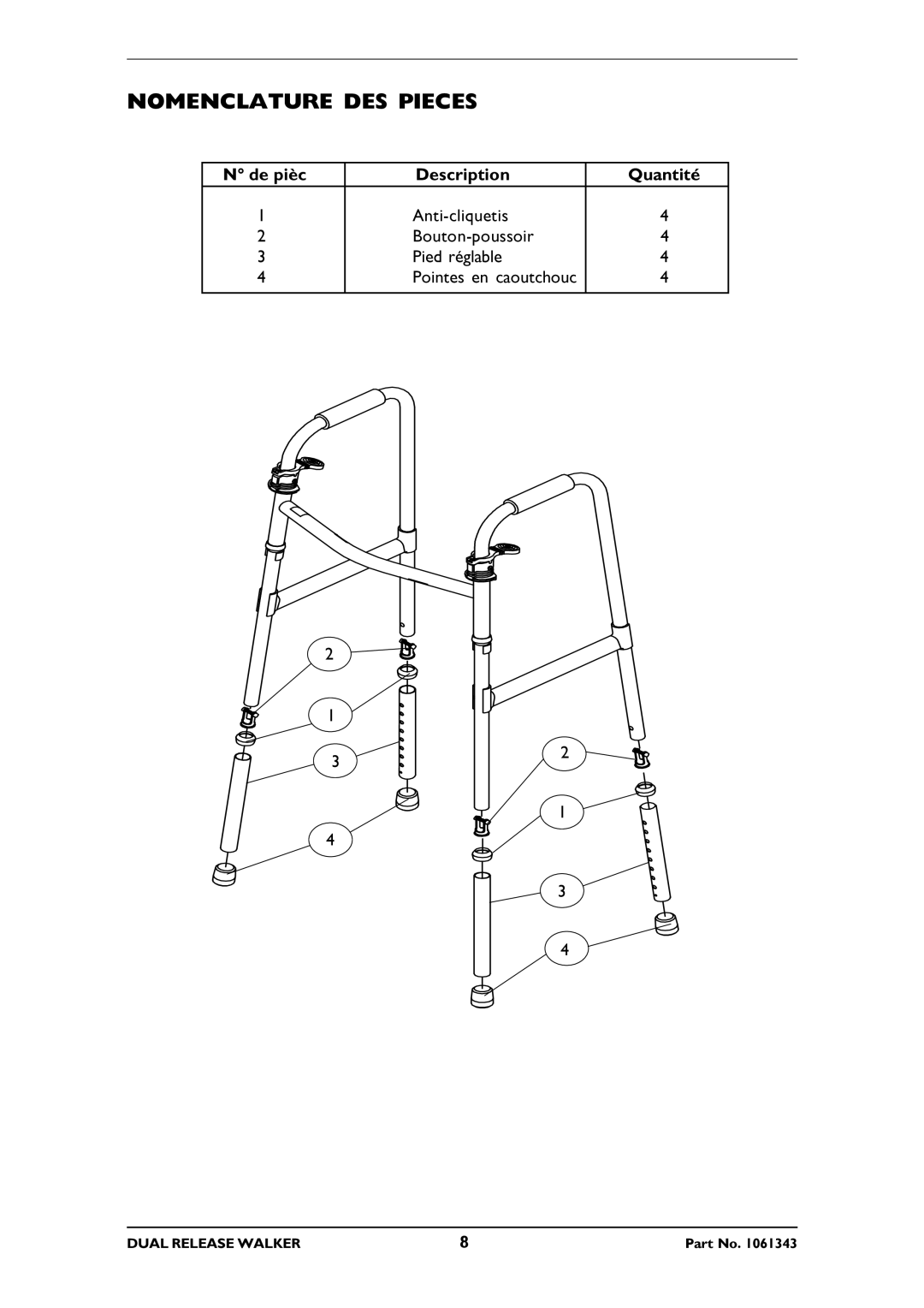 Invacare 6291E Junior, 6291E Adult operating instructions Nomenclature DES Pieces 