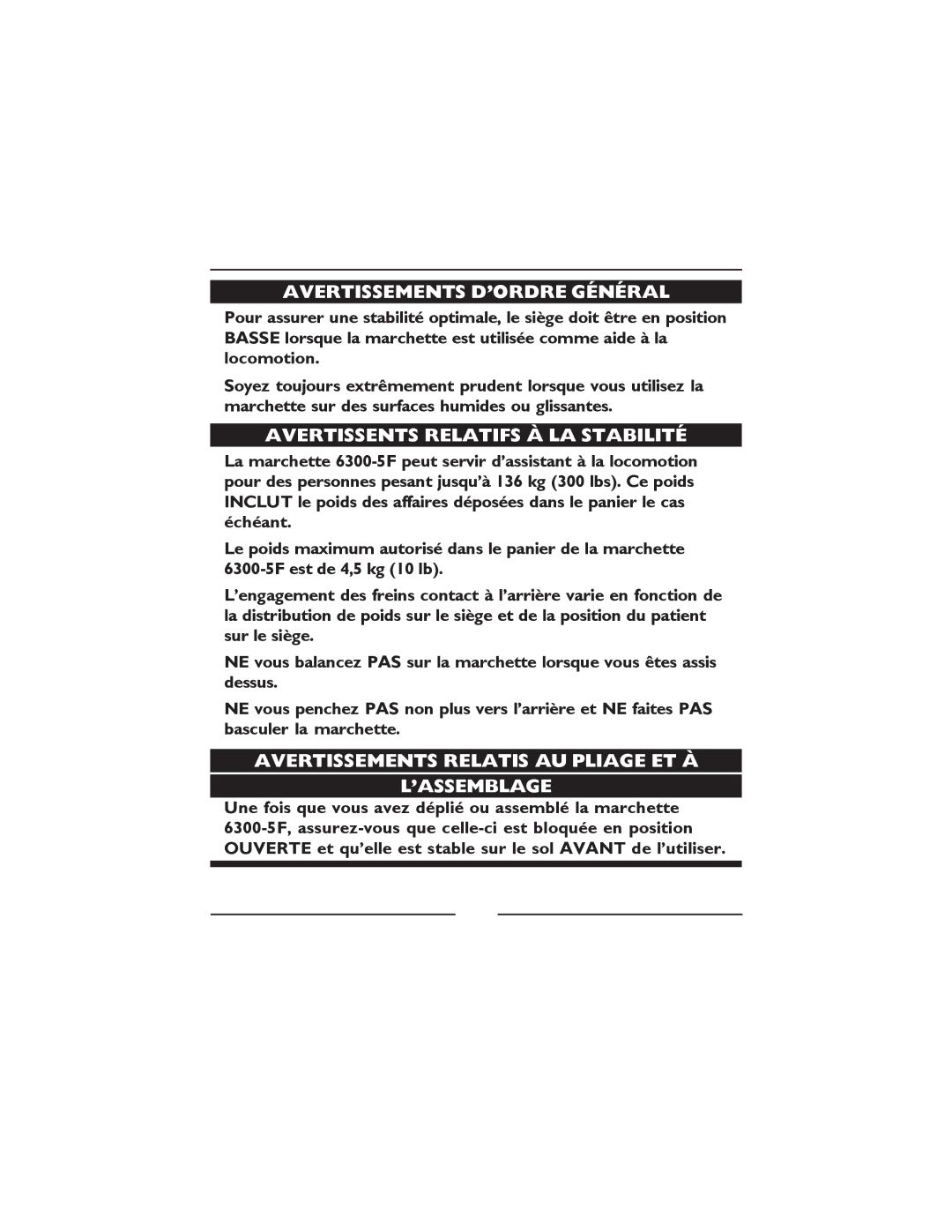 Invacare 6300-5F manual Avertissements D’ORDRE Général, Avertissents Relatifs À LA Stabilité 