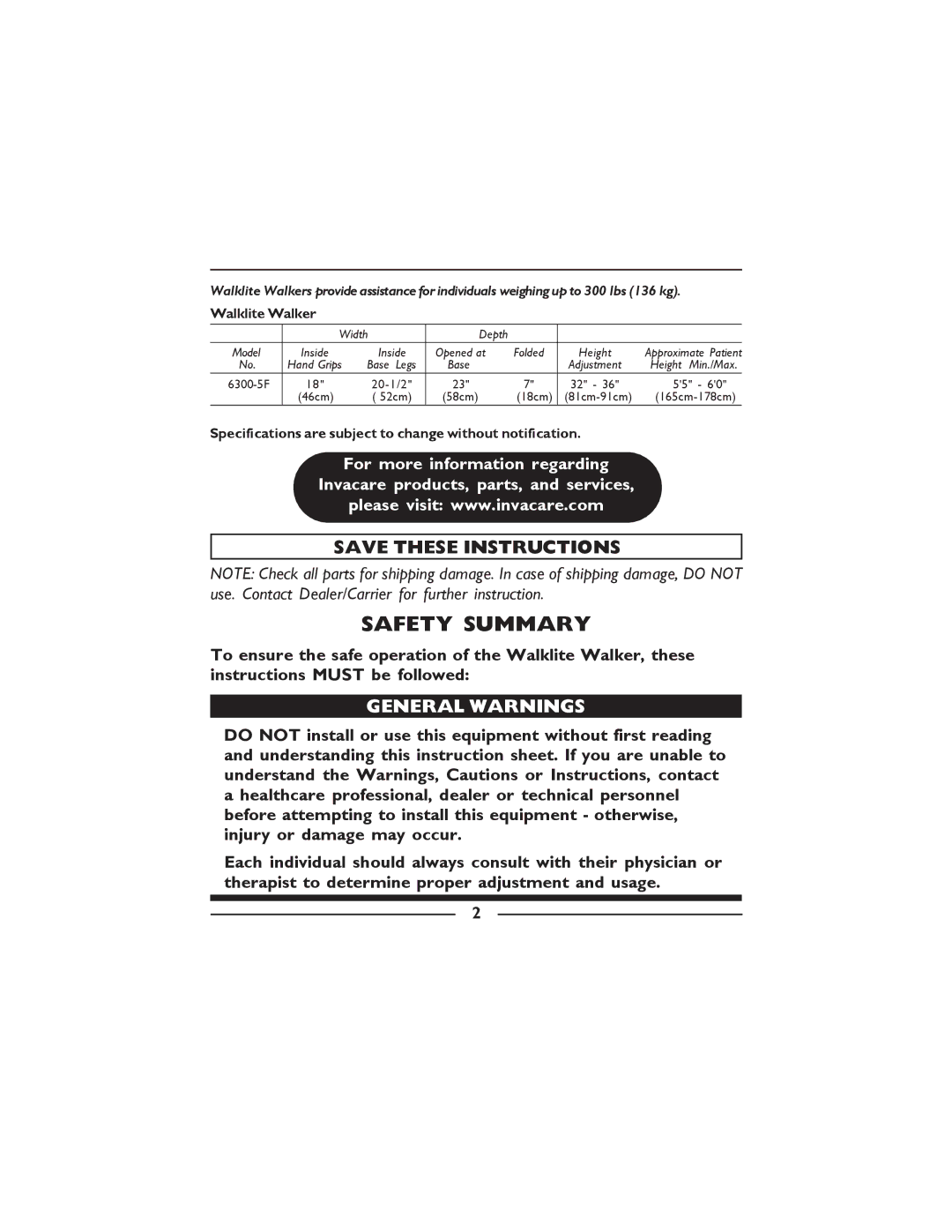 Invacare 6300-5F manual Safety Summary, General Warnings 