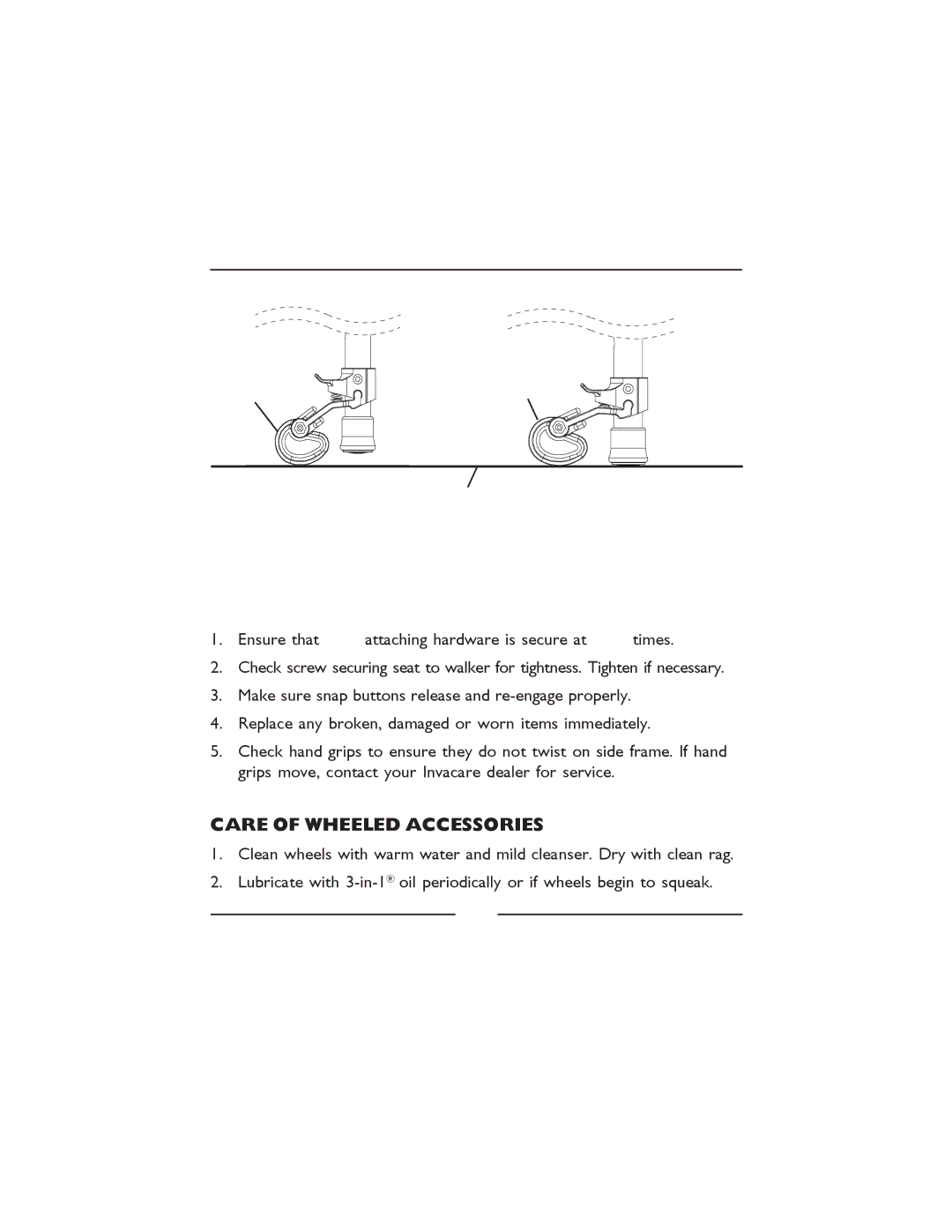 Invacare 6300-5F manual Care and Maintenance, Care of Wheeled Accessories 