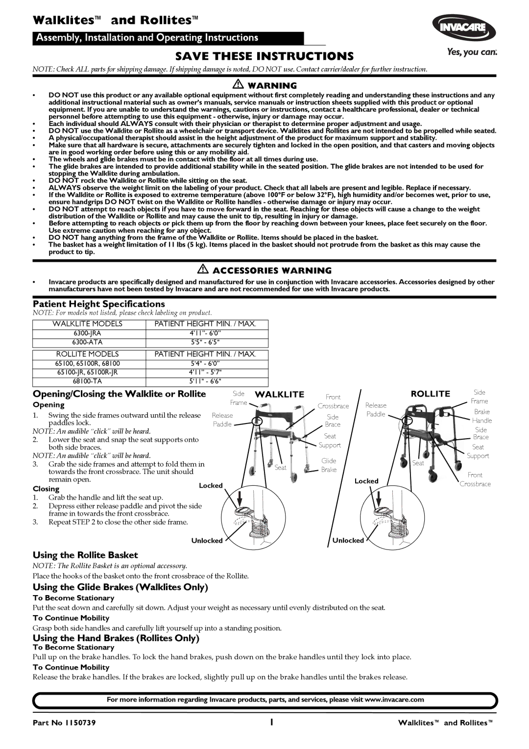 Invacare 6300-JRA, 6300-ATA specifications Patient Height Specifications, Using the Rollite Basket 