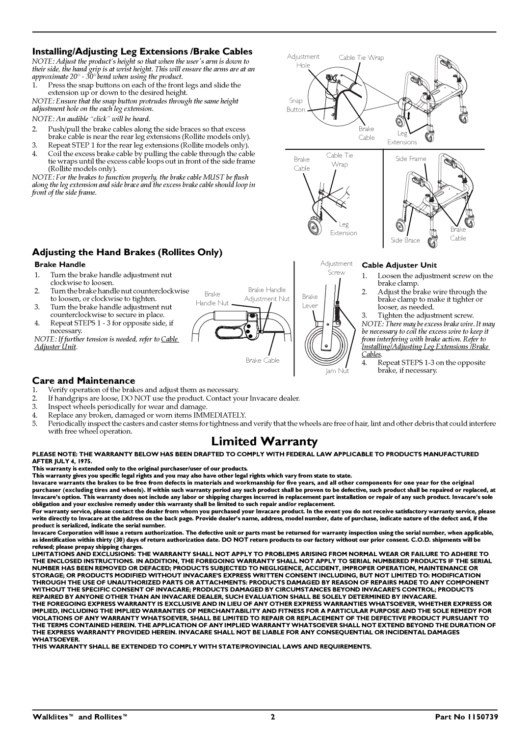 Invacare 6300-ATA Installing/Adjusting Leg Extensions /Brake Cables, Adjusting the Hand Brakes Rollites Only, Brake Handle 