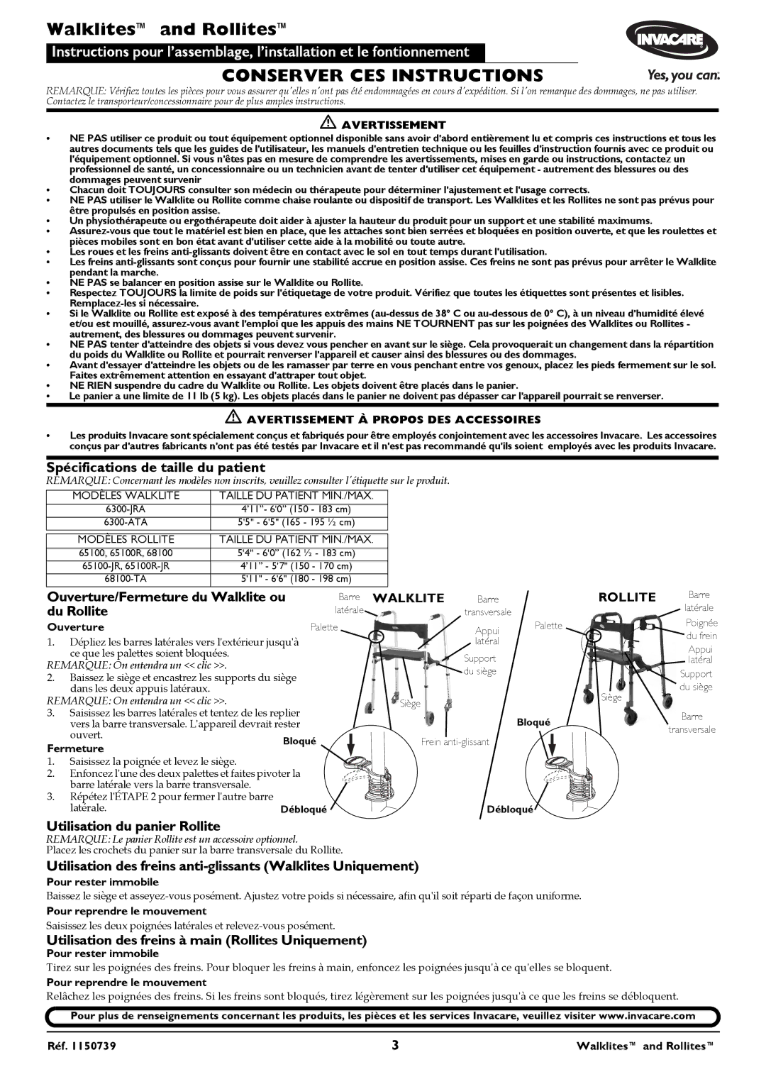 Invacare 6300-JRA, 6300-ATA Spécifications de taille du patient, Ouverture/Fermeture du Walklite ou du Rollite 