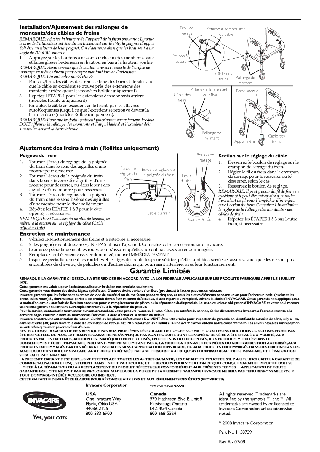 Invacare 6300-ATA Ajustement des freins à main Rollites uniquement, Entretien et maintenance, Poignée du frein, Canada 