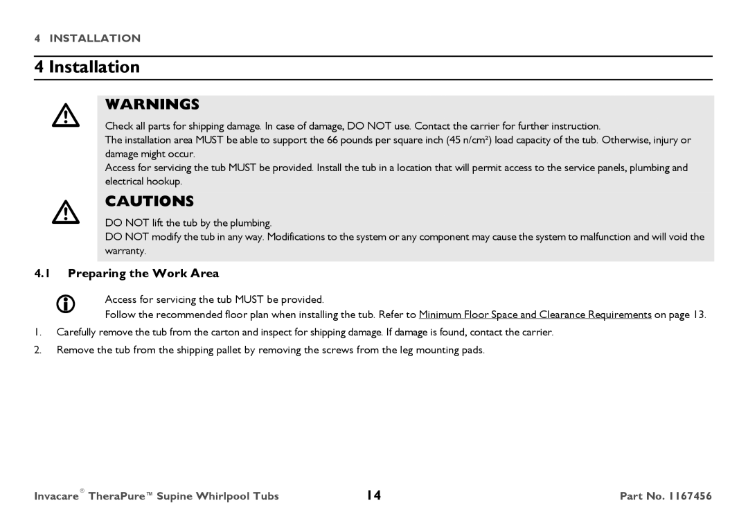 Invacare 6302G user manual Installation, Preparing the Work Area 