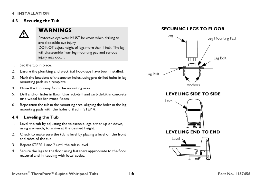 Invacare 6302G user manual Securing the Tub, Leveling the Tub 