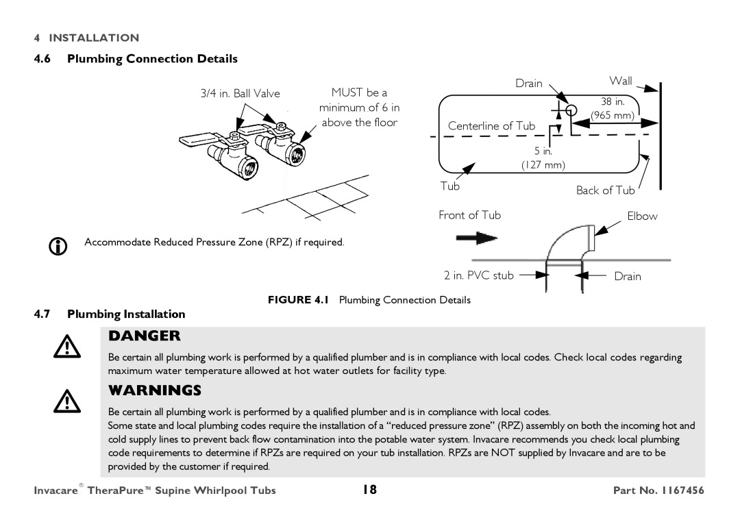 Invacare 6302G user manual Plumbing Connection Details, Plumbing Installation 