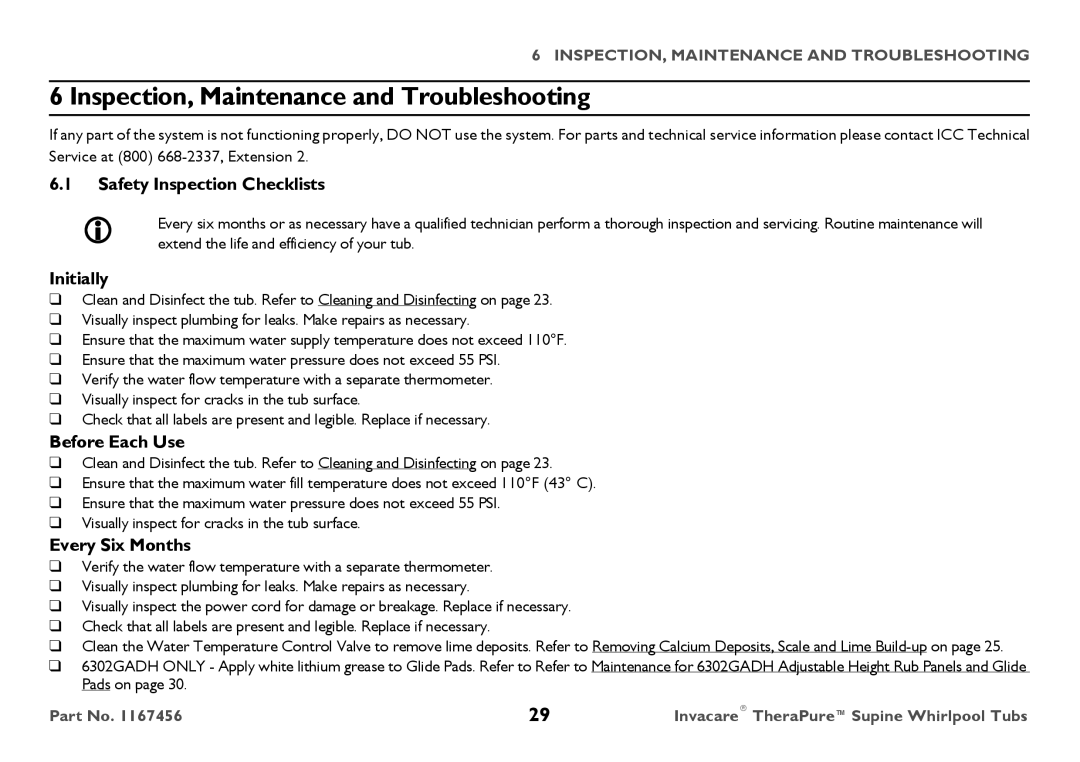 Invacare 6302G Inspection, Maintenance and Troubleshooting, Safety Inspection Checklists, Initially, Before Each Use 