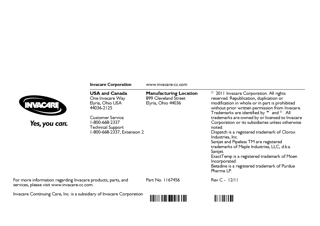 Invacare 6302G user manual USA and Canada Manufacturing Location 