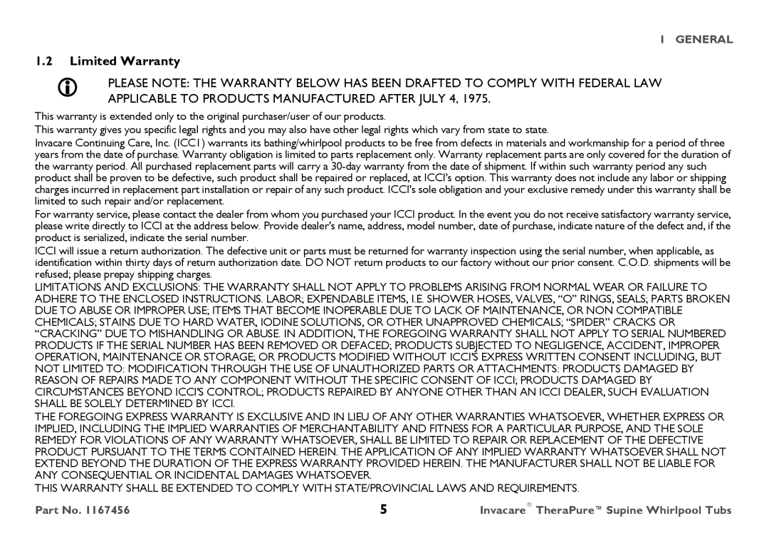 Invacare 6302G user manual Limited Warranty 