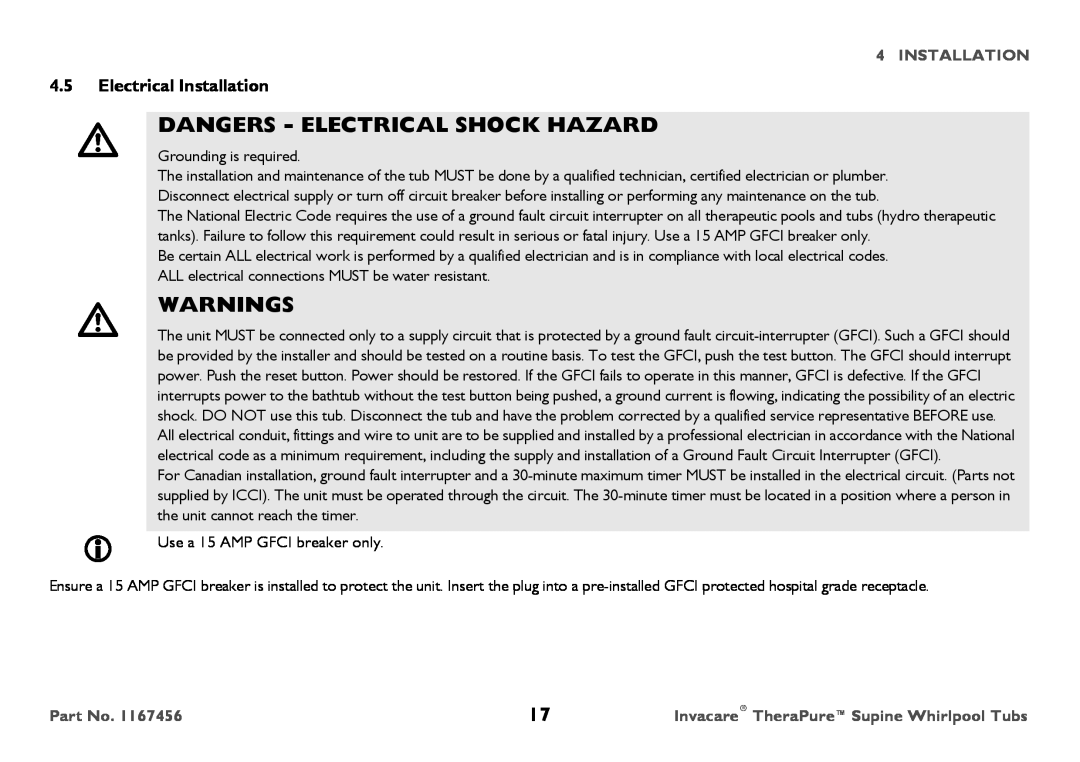 Invacare 6302G user manual 4.5Electrical Installation, Dangers - Electrical Shock Hazard, Warnings 