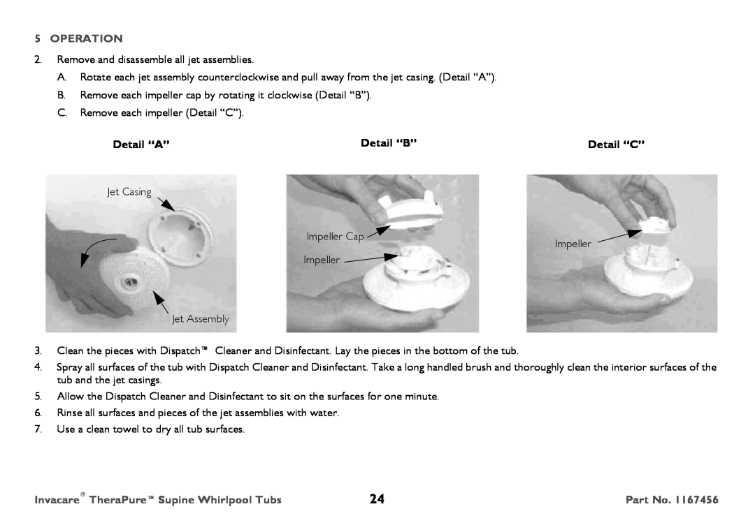 Invacare 6302G user manual Operation, Detail “A”, Detail “B”, Detail “C”, Invacare TheraPureSupine Whirlpool Tubs, Part No 