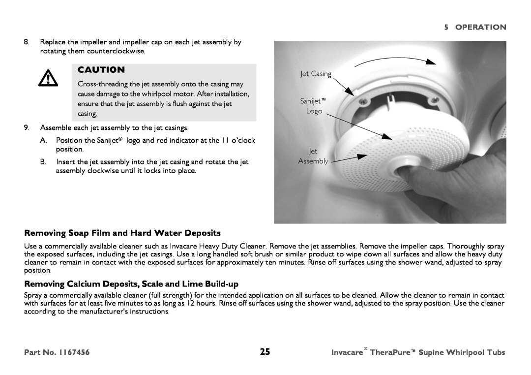 Invacare 6302G user manual Removing Soap Film and Hard Water Deposits, Operation, Invacare TheraPureSupine Whirlpool Tubs 