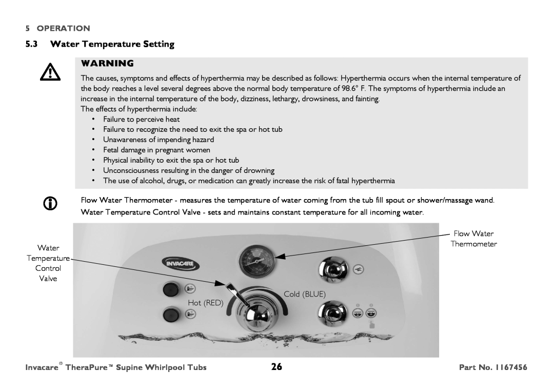 Invacare 6302G user manual 5.3Water Temperature Setting, Operation, Invacare TheraPureSupine Whirlpool Tubs 
