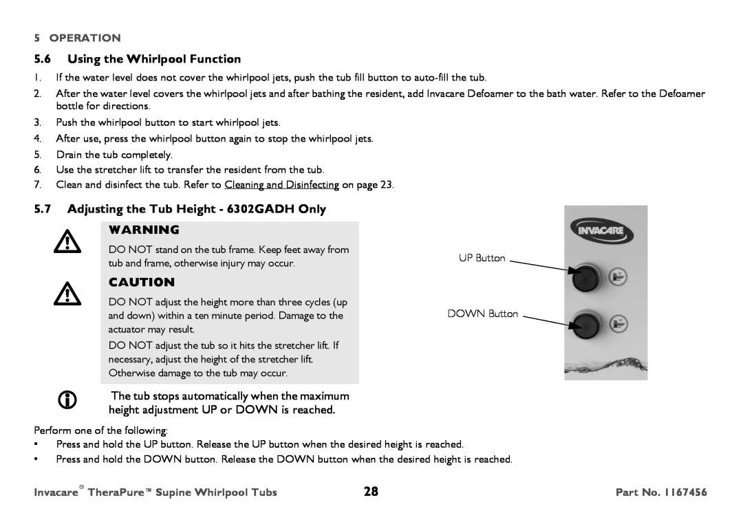 Invacare user manual 5.6Using the Whirlpool Function, 5.7Adjusting the Tub Height - 6302GADH Only, Operation 