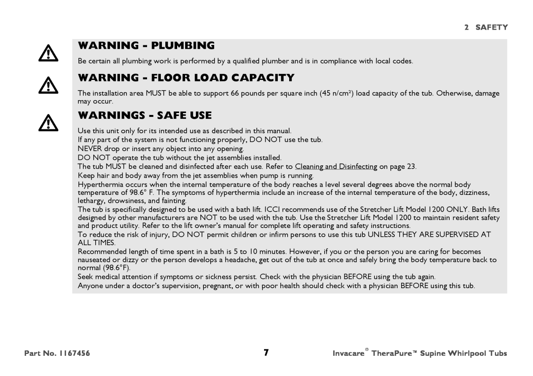 Invacare 6302G user manual Warning - Plumbing, Warning - Floor Load Capacity, Warnings - Safe Use, Safety 