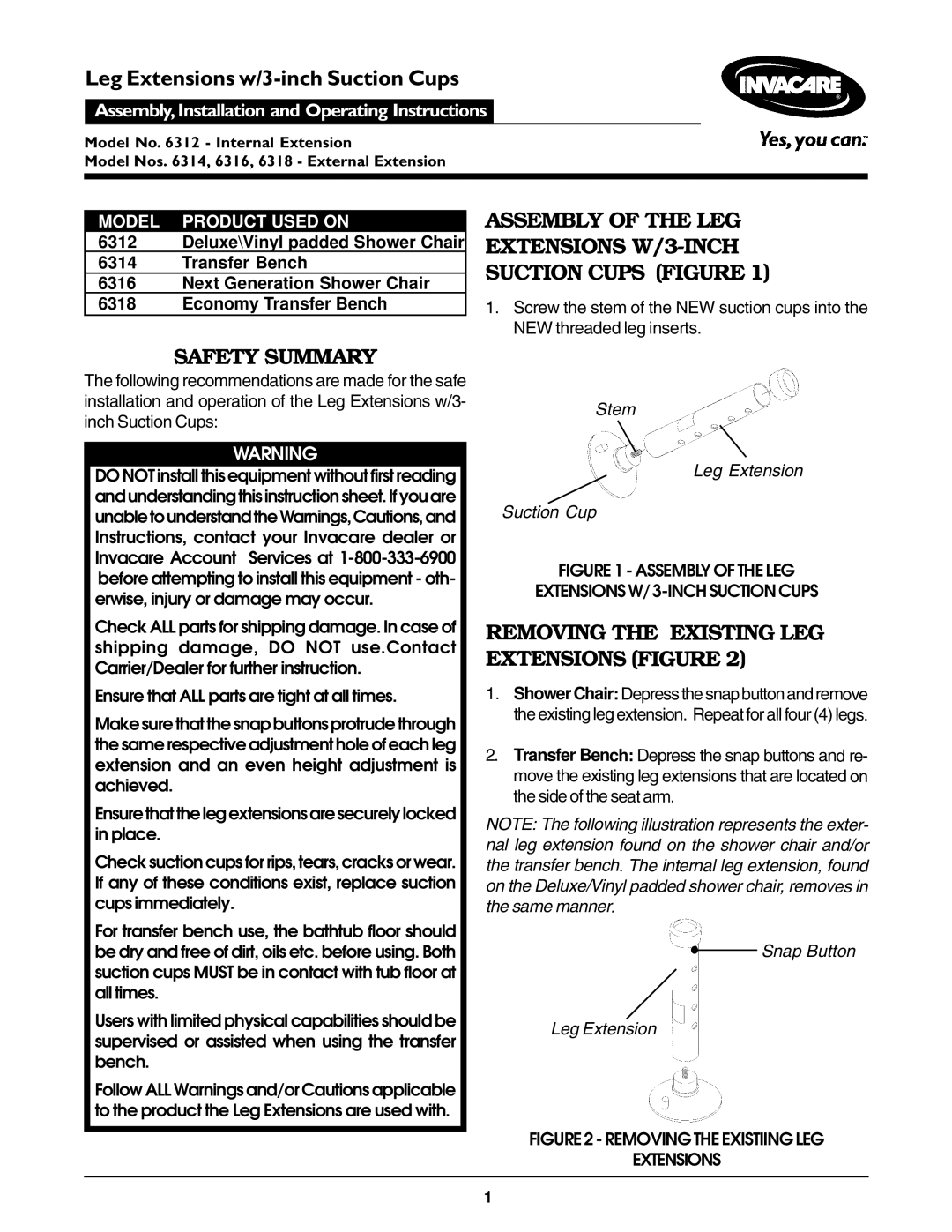 Invacare 6318, 6316 operating instructions Assembly of the LEG Extensions W/3-INCH Suction Cups Figure, Safety Summary 