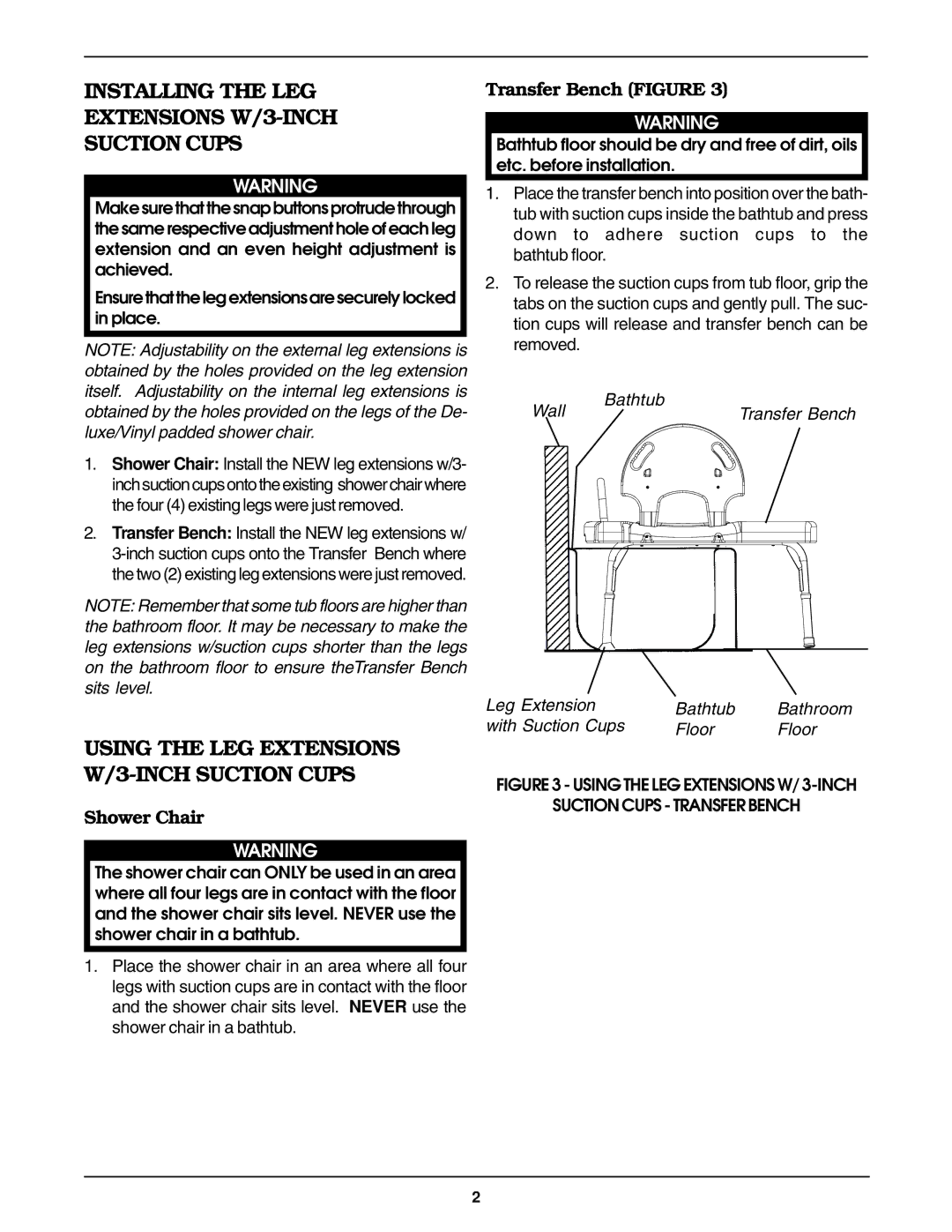 Invacare 6314, 6316 Installing the LEG Extensions W/3-INCH Suction Cups, Using the LEG Extensions W/3-INCH Suction Cups 