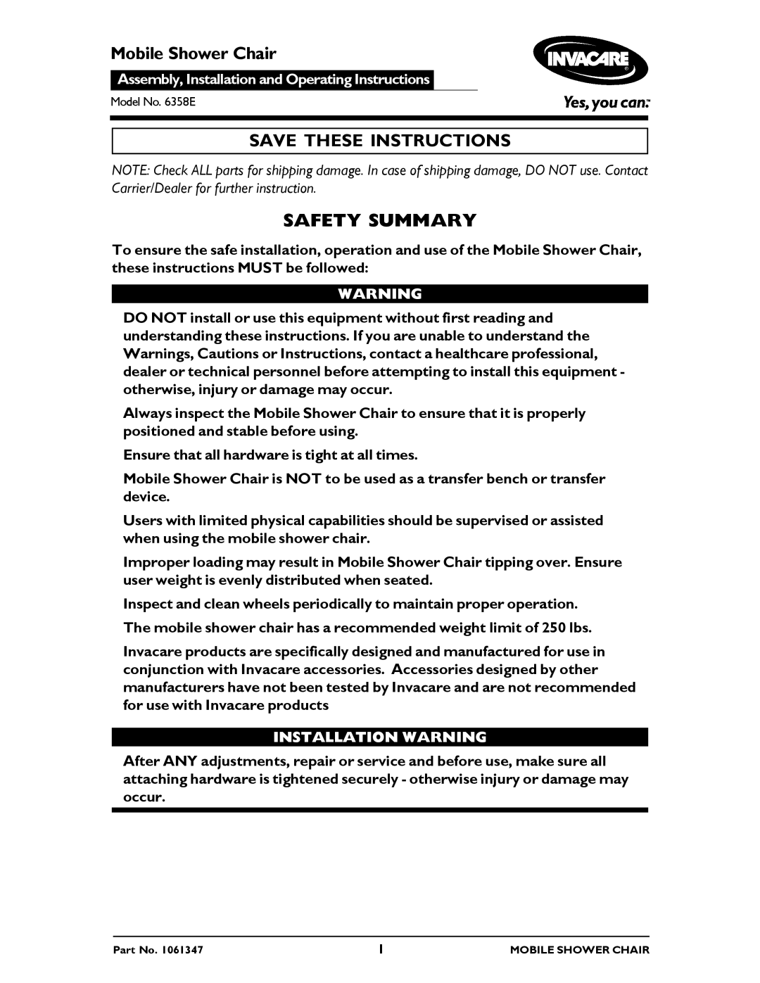 Invacare 6358E manual Safety Summary, Installation Warning 