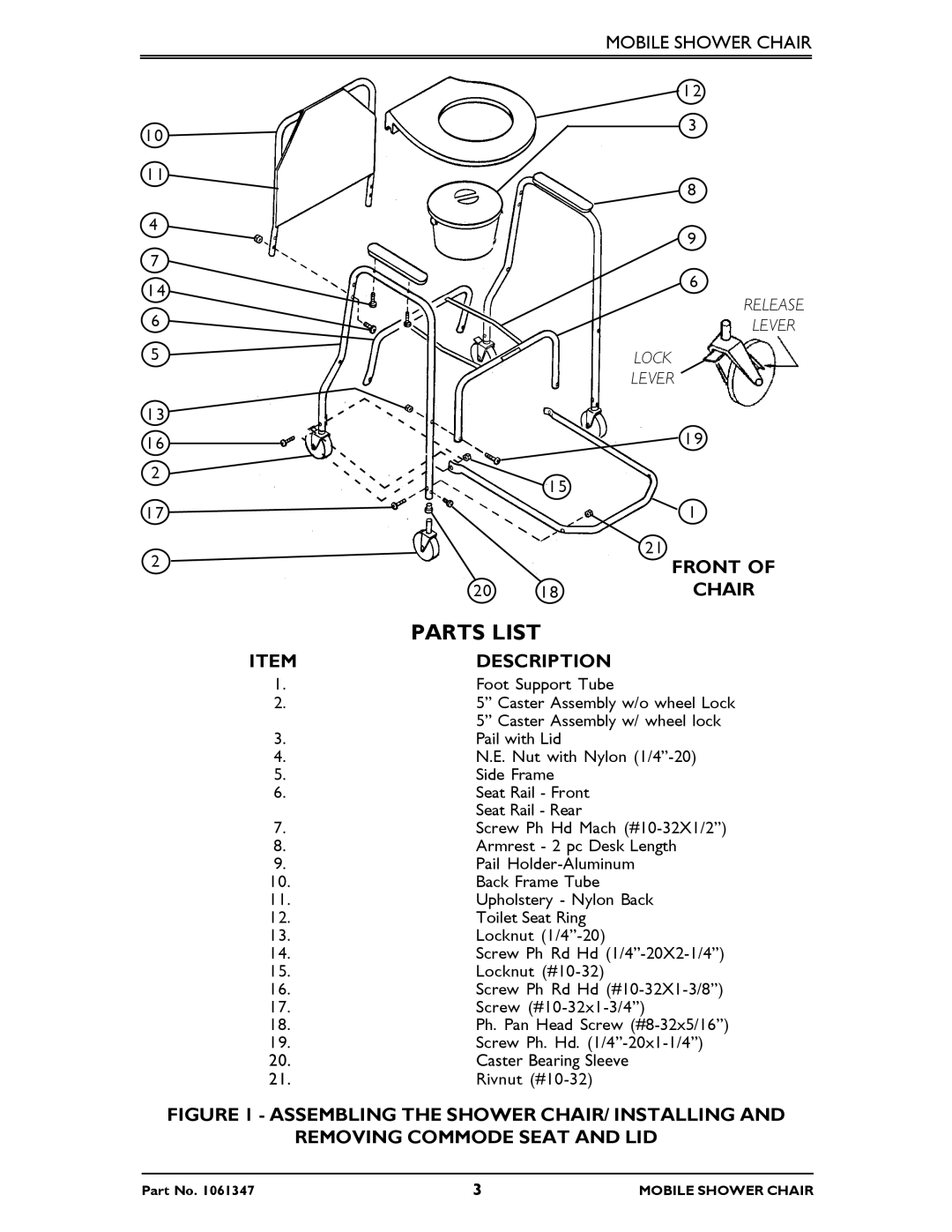 Invacare 6358E manual Parts List, Description 