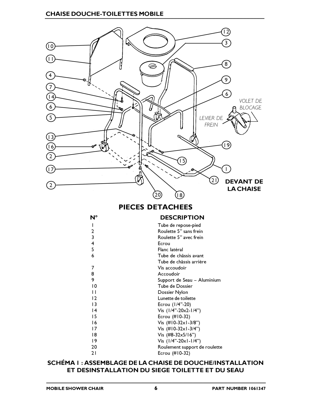 Invacare 6358E manual Pieces Detachees 