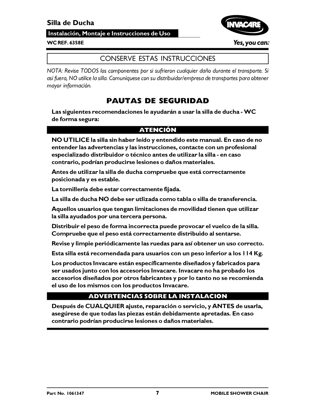 Invacare 6358E manual Pautas DE Seguridad, Atención, Advertencias Sobre LA Instalacion 