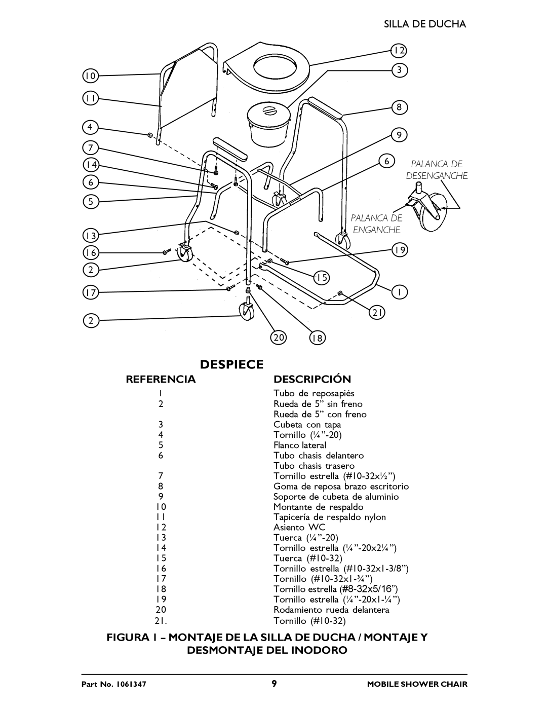 Invacare 6358E manual Despiece, Referencia Descripción 