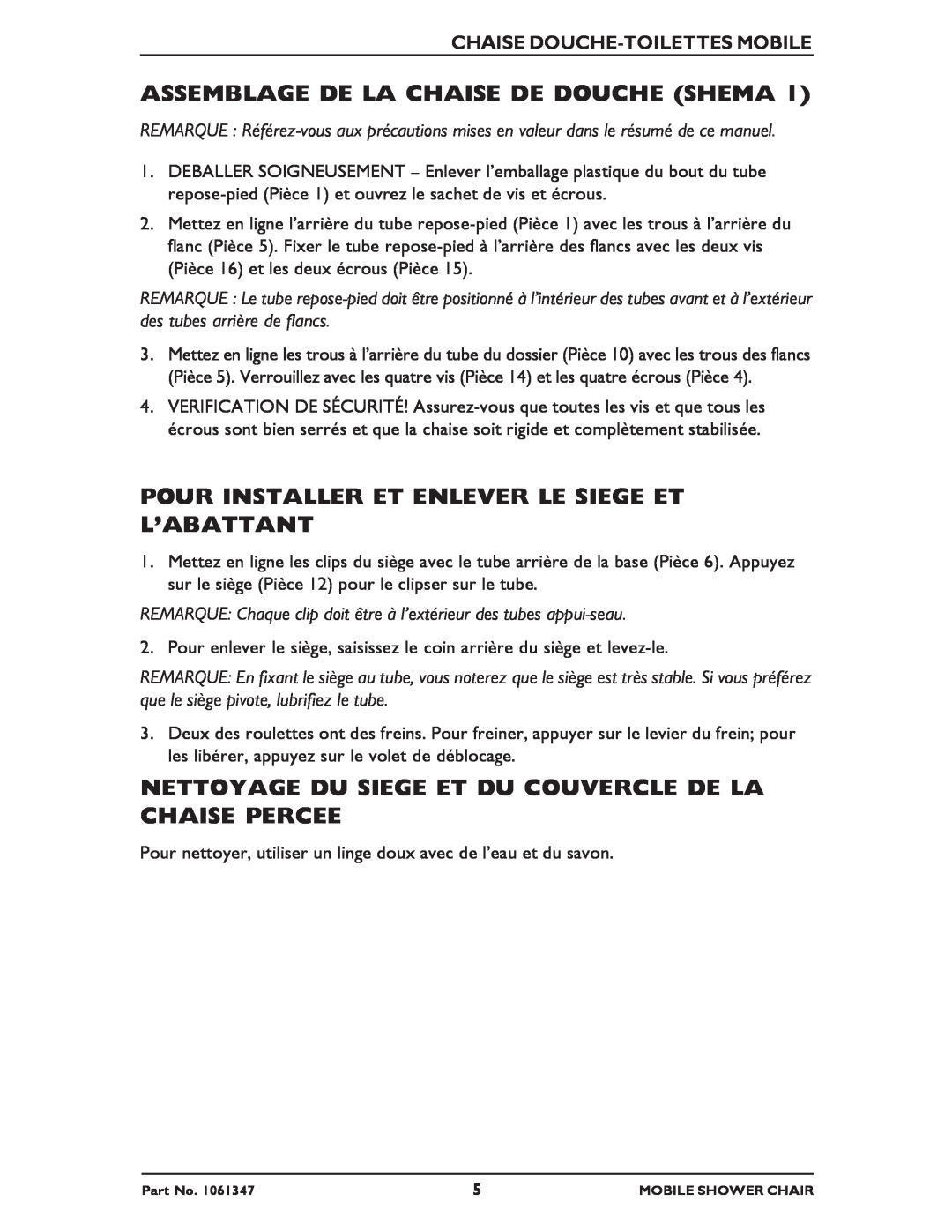 Invacare 6358E manual Assemblage De La Chaise De Douche Shema, Pour Installer Et Enlever Le Siege Et L’Abattant 