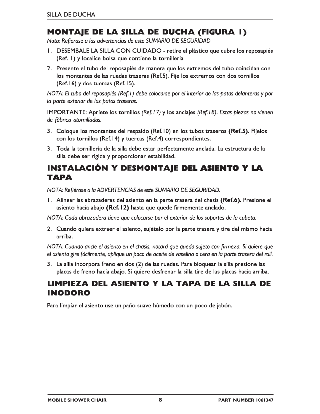 Invacare 6358E manual Montaje De La Silla De Ducha Figura, Instalación Y Desmontaje Del Asiento Y La Tapa 