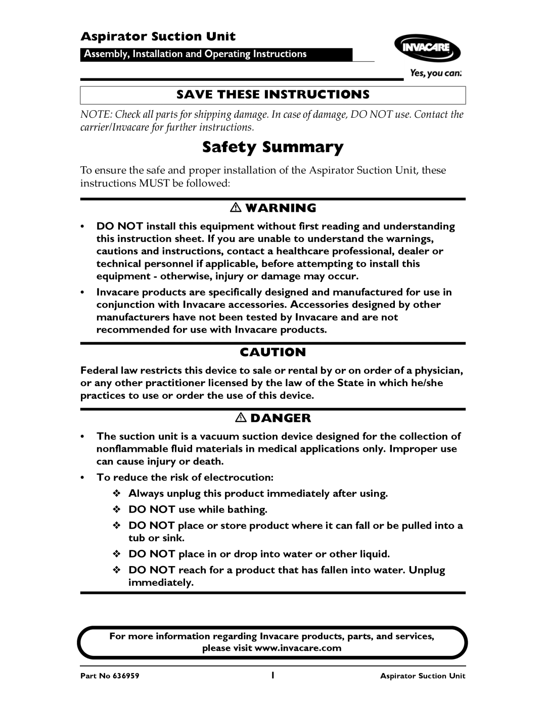 Invacare 636959 instruction sheet Safety Summary, Aspirator Suction Unit 