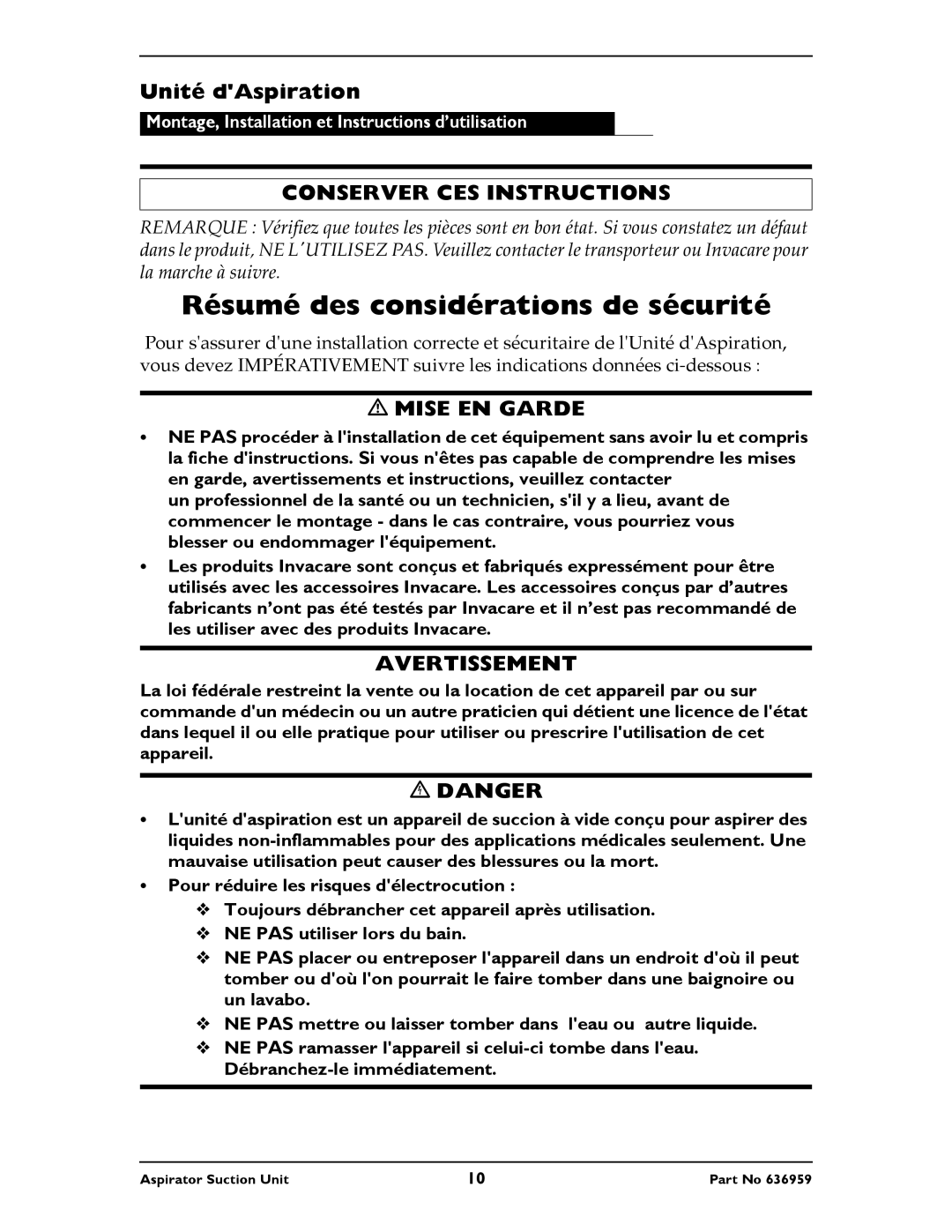 Invacare 636959 instruction sheet Unité dAspiration, Conserver CES Instructions 