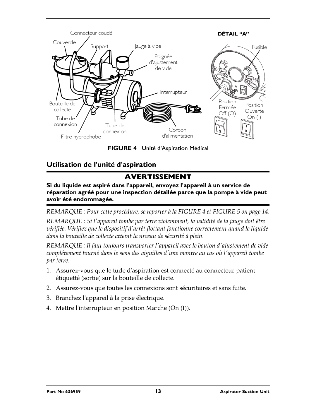 Invacare 636959 instruction sheet Utilisation de lunité daspiration, Unité dAspiration Médical 