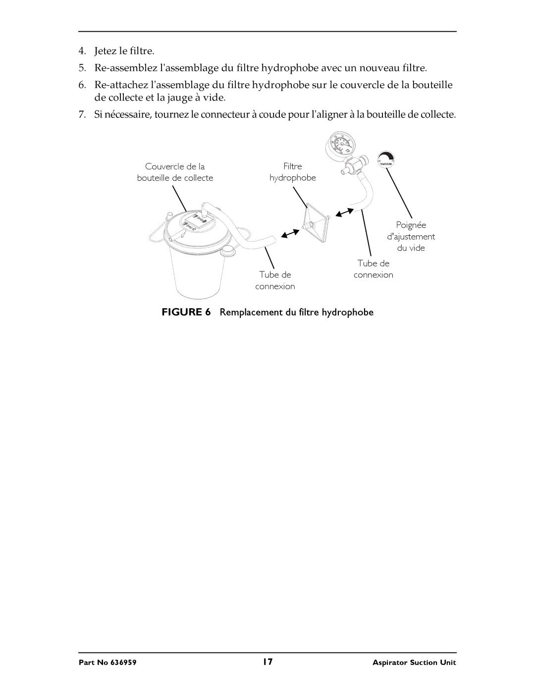 Invacare 636959 instruction sheet Remplacement du filtre hydrophobe 