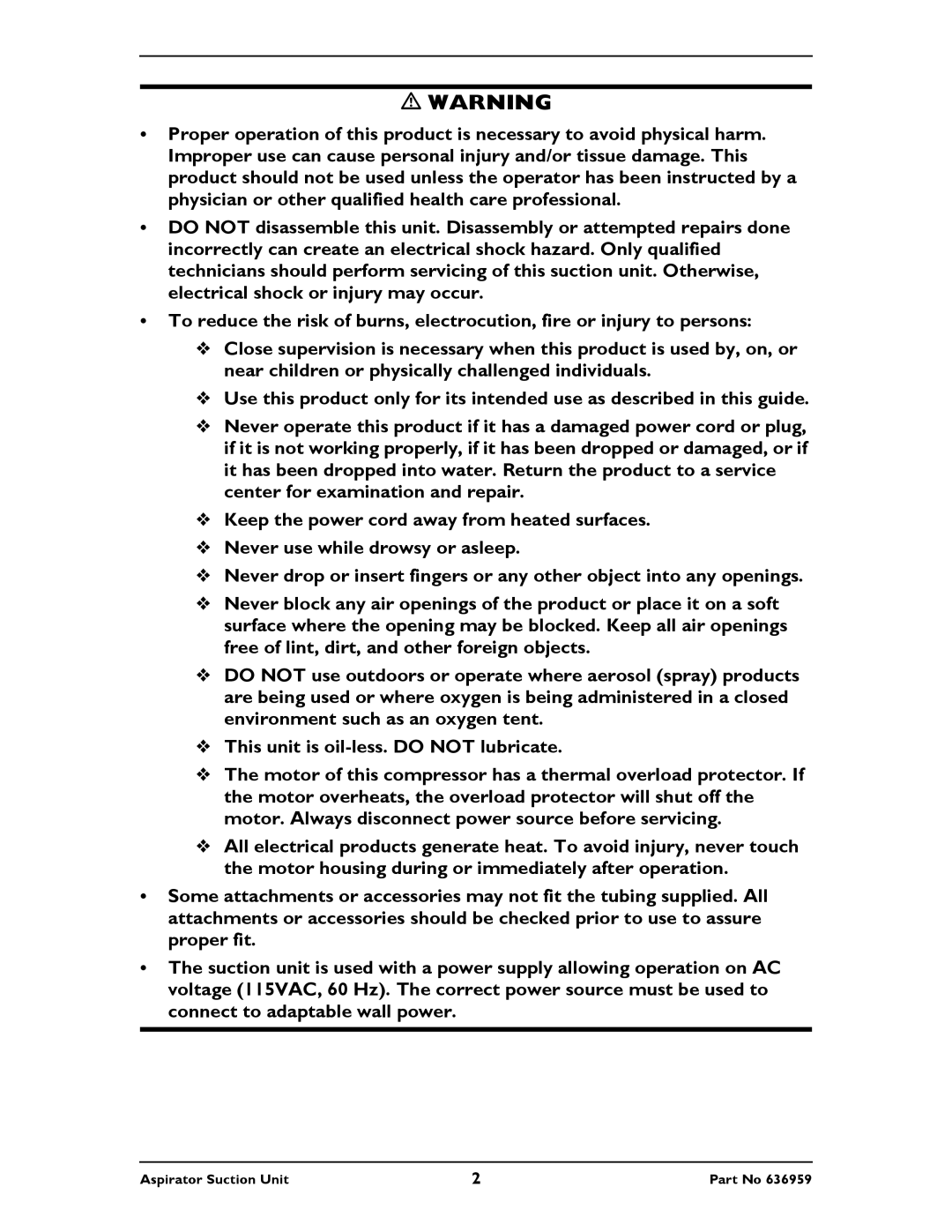 Invacare 636959 instruction sheet Aspirator Suction Unit 