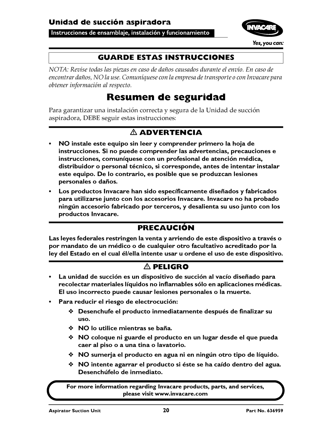 Invacare 636959 instruction sheet Unidad de succión aspiradora, Guarde Estas Instrucciones 