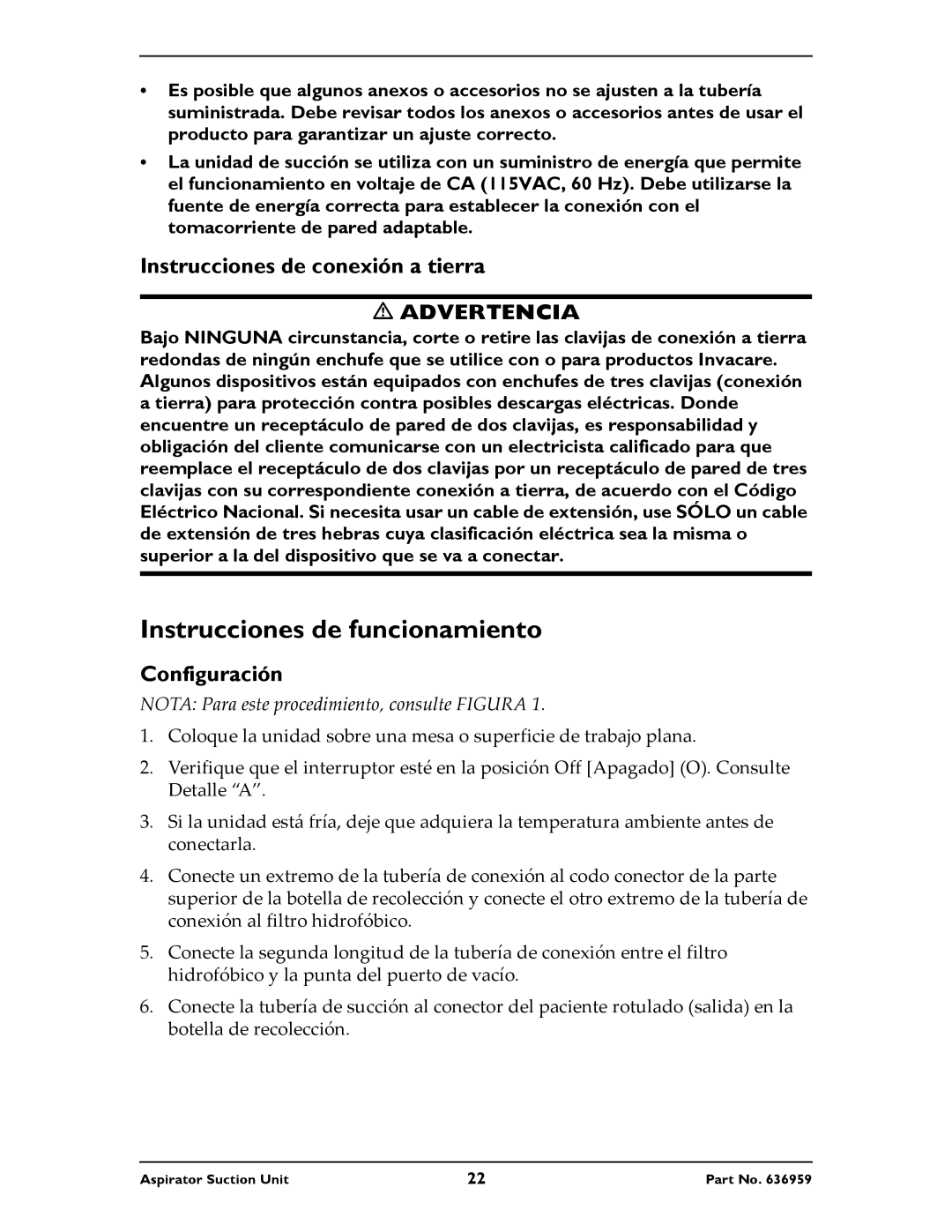 Invacare 636959 instruction sheet Instrucciones de funcionamiento, Instrucciones de conexión a tierra, Configuración 