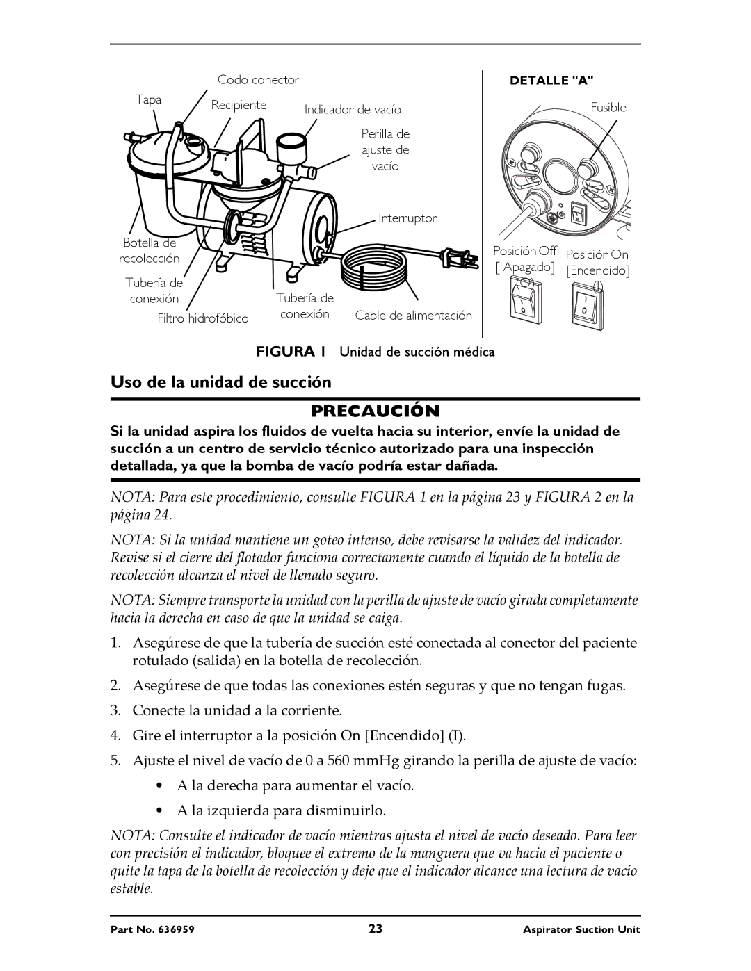 Invacare 636959 instruction sheet Uso de la unidad de succión, Figura 1 Unidad de succión médica 