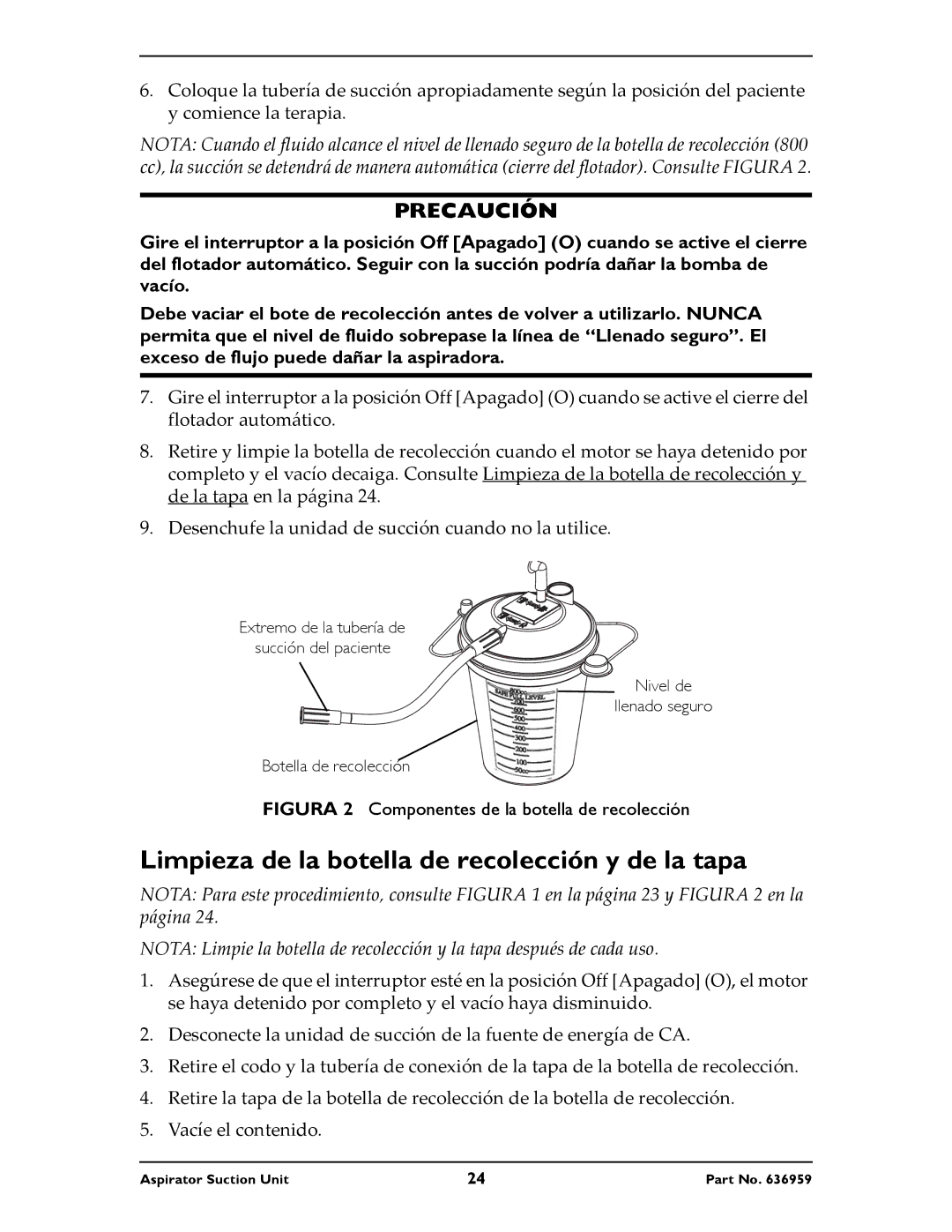 Invacare 636959 Limpieza de la botella de recolección y de la tapa, Figura 2 Componentes de la botella de recolección 