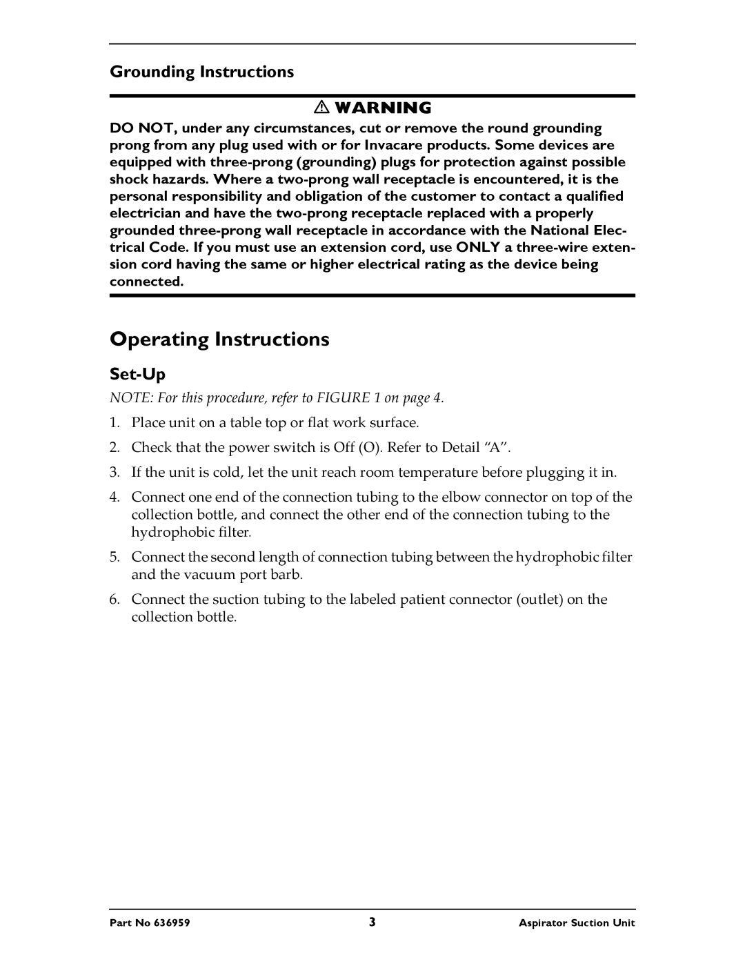 Invacare 636959 instruction sheet Operating Instructions, Grounding Instructions, Set-Up 