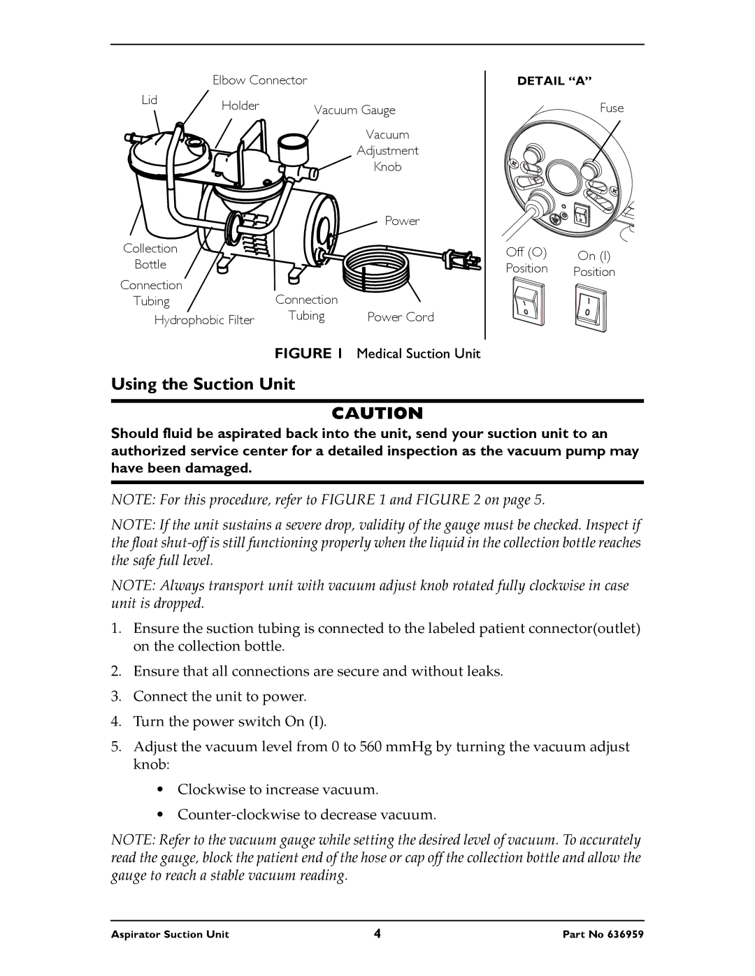 Invacare 636959 instruction sheet Using the Suction Unit, Medical Suction Unit 